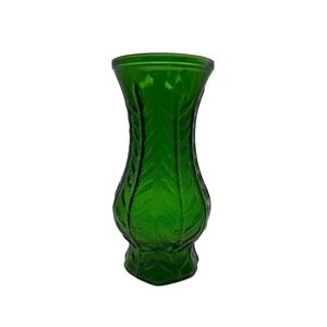 FTD 10" 1980 Green Glass Vase Leaf Pattern Embossed Emerald Green Floral‎ Decor